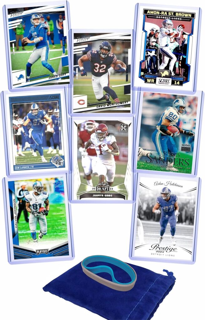 Detroit Lions Cards: Jared Goff, David Montgomery, Amon-Ra St. Brown, Sam LaPorta, Jahmyr Gibbs, Barry Sanders, Aidan Hutchinson, Calvin Johnson ASSORTED Football Stars & GOATs Trading Card & Wristbands Gift Pack