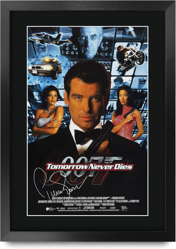 HWC Trading James Bond – Tomorrow Never Dies Movie Poster Pierce Brosnan Signed 16 x 12 inch Framed Gift Printed Autograph Film Print Photo Picture Display – 16″ x 12″ Framed