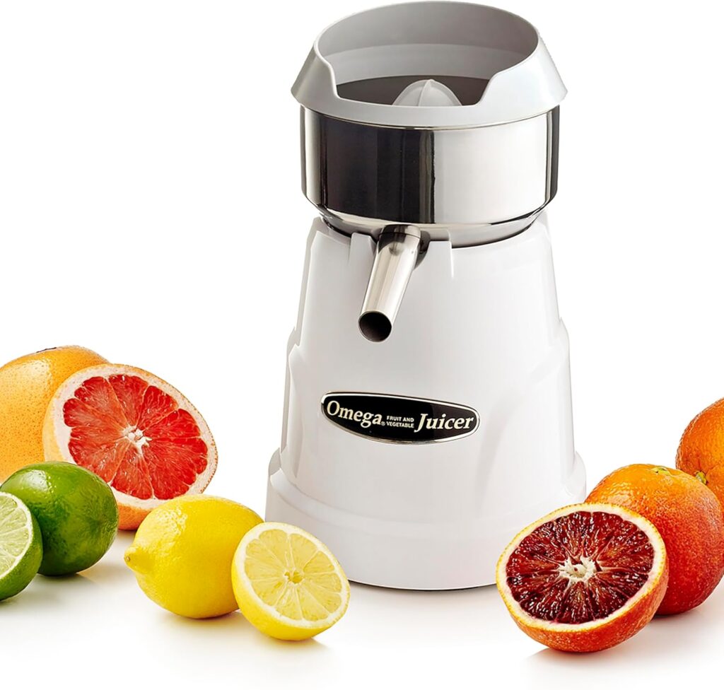 Omega C-10W Professional Citrus Juicer Features 3 Juice Cones for All Citrus Sizes 150 Rotations Per Minute Surgical Steel Bowl and Pulp Strainer with Non-Slip Feet, White