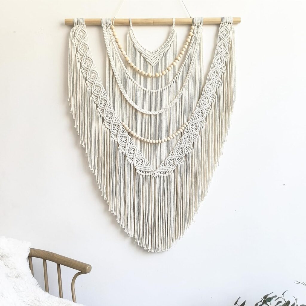 Large Macrame Wall Hanging, 27” W x 36” L Boho Art Tapestry Wall Decor for Urban entryway,Living Room,Bedroom Decor, headboard Woven, Big Fiber Art Over Couch (Wood Bead)