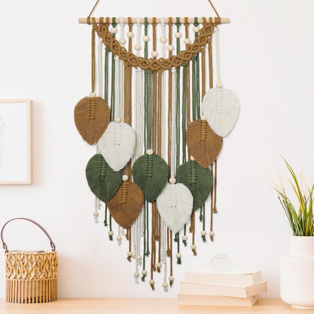 Weldomcor Macrame Wall Hanging Boho Leaf Woven Tapestry, Bohemian Chic Home Decor Modern Handmade Leaves Feather Wall Art Decorations for Bedroom Living Room Apartment Ornament 16.5″ W X 31.5″ L