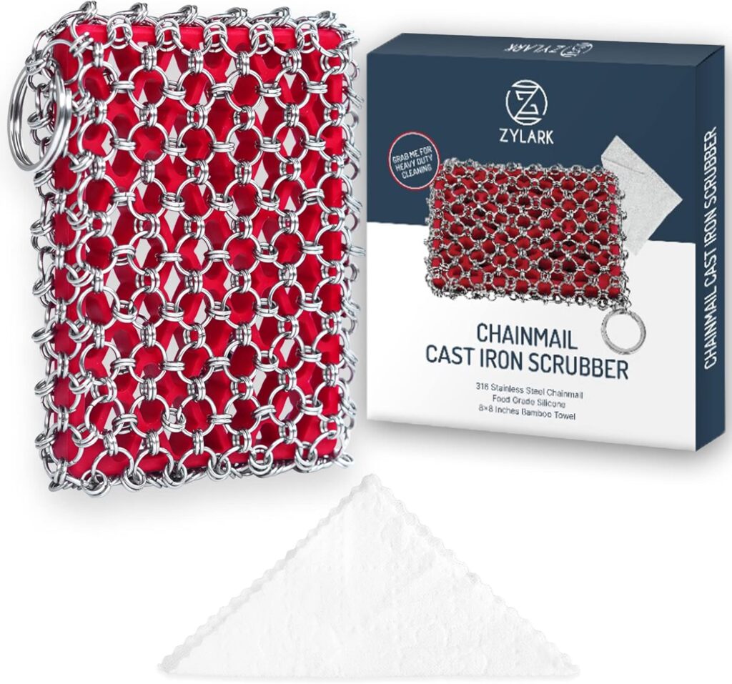 Cast Iron Scrubber Chainmail – 316L Cast Iron Cleaner Scrubber and Bamboo Cloth Set – Chain Mail Scrubber – Stainless Steel Chainmail Scrubber for Skillet, Pan, Dutch Oven – Essential Accessory