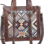 Women’s Aztec Woven Leather Tote Bag – Handmade Western Purse with Tooled Floral Leather Trim, Turquoise Conchos, Crossbody Shoulder Handbag, Boho Travel Satchel