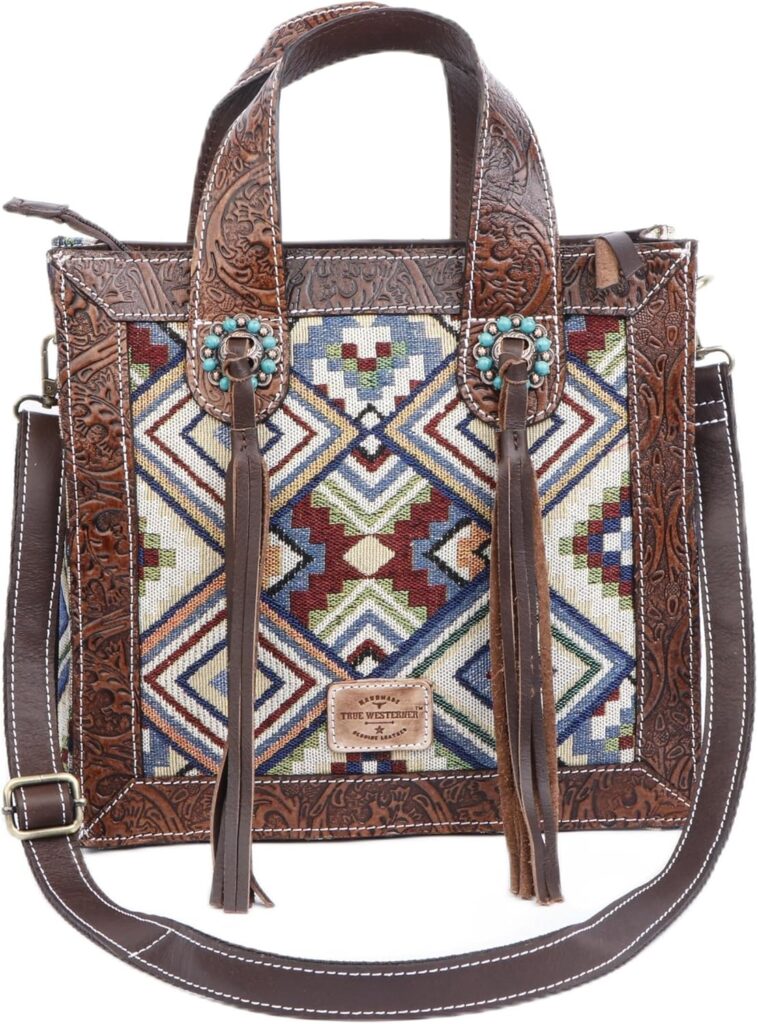 Women’s Aztec Woven Leather Tote Bag – Handmade Western Purse with Tooled Floral Leather Trim, Turquoise Conchos, Crossbody Shoulder Handbag, Boho Travel Satchel