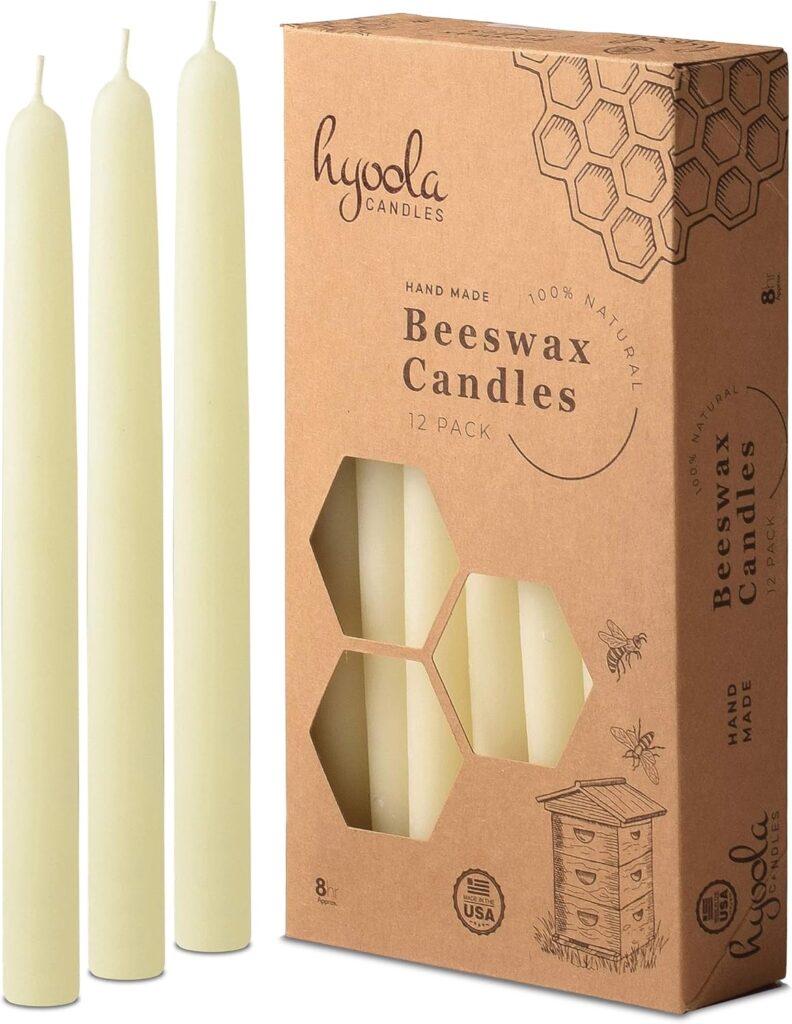 8″ Beeswax Taper Candles 12 Pack – Handmade, All Natural, 100% Pure Unscented Bee Wax Candle – Tall, Decorative, White – 8 Hour Burn Time