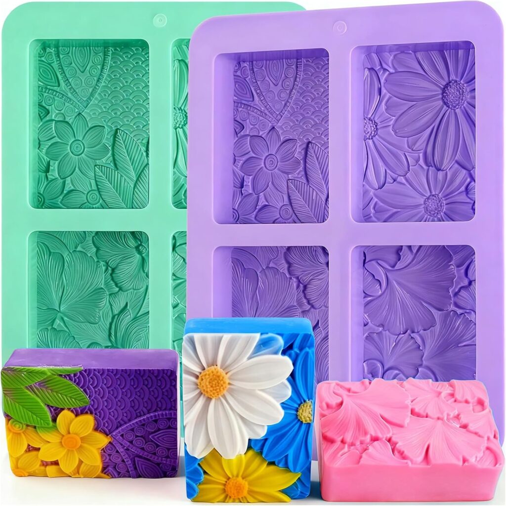 2 Pack Silicone Soaps Molds, 3D Rectangle Flower Pattern Mold for Soap Making, 4 Cavities Rectangular Handmade Soaps Mold for Bath Bombs, Polymer Clay Design, DIY Candle Craft, Chocolate