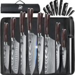 Dfito Chef Knife Sets with Roll Bag, 9 Pieces Professional Knife Set, High Carbon Stainless Steel Kitchen Chef Knife Set, Red Pakkawood Handle, Dishwasher Safe