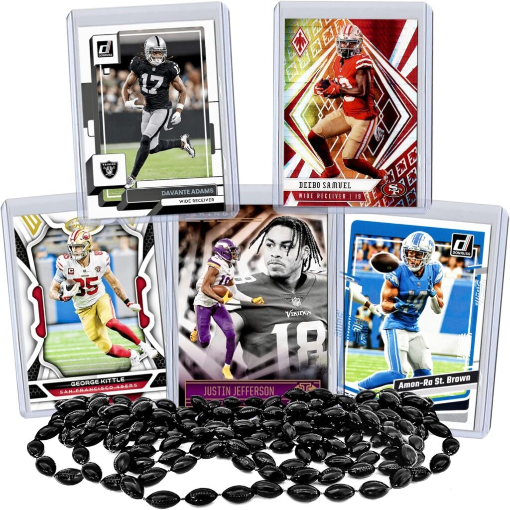 NFL Receiver Football Card Bundle, Assorted Set of 5 Mint Star Football Cards Gift Set, Justin Jefferson George Kittle Deebo Samuel Davante Adams Amon Ra St Brown, Protected by Sleeve and Toploader