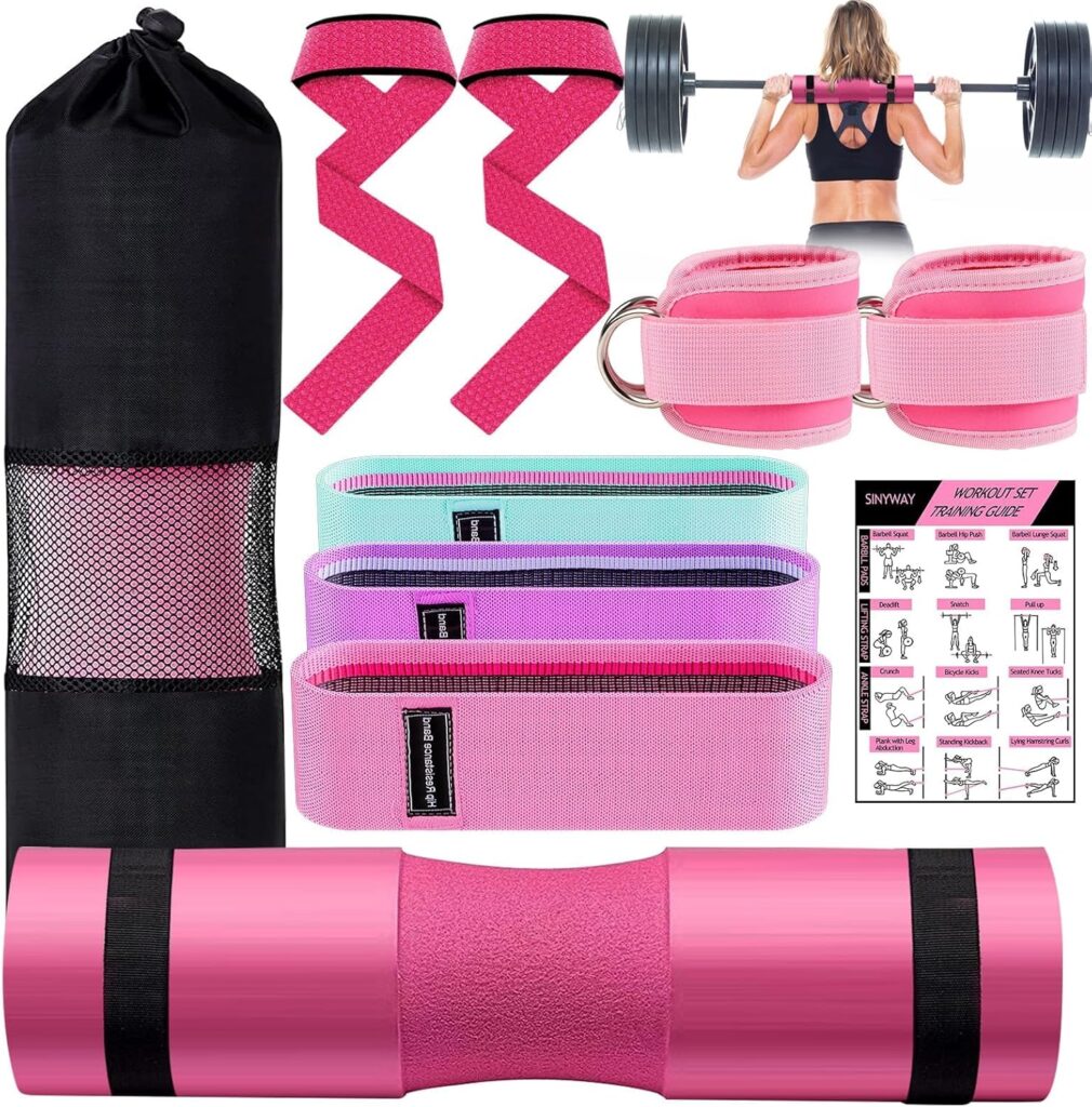 Barbell Pad Set for Squat,10 PCS Hip Thrusts Workout Foam Weight Lifting Bar Cushion with 2 Gym Ankle Straps,3 Hip Resistance Bands,2 Lifting Strap,Barbell Pad and Carry Bag