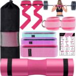 Barbell Pad Set for Squat,10 PCS Hip Thrusts Workout Foam Weight Lifting Bar Cushion with 2 Gym Ankle Straps,3 Hip Resistance Bands,2 Lifting Strap,Barbell Pad and Carry Bag