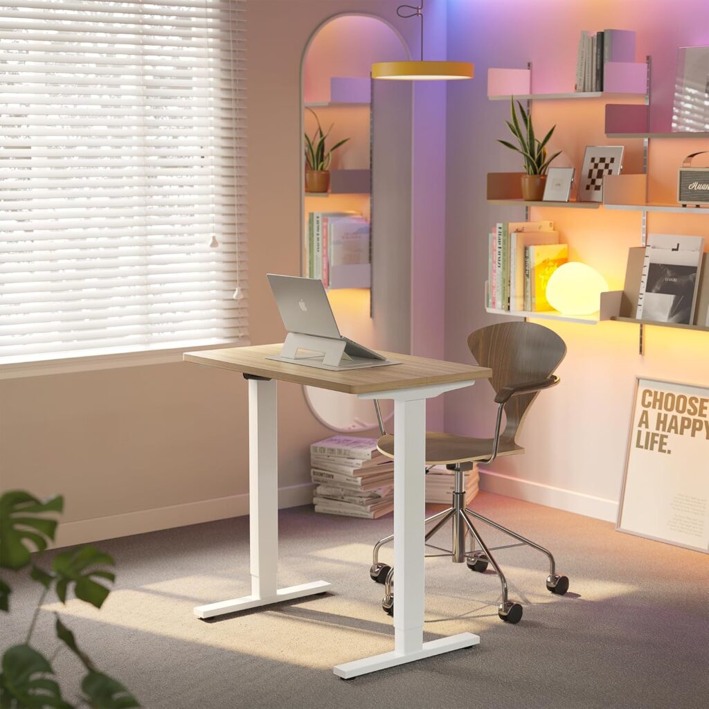 HUANUO 32″ Small Electric Standing Desk Adjustable Height, 4 Memory Height Settings, Sit Stand Up Desk for Home Office & Computer Workstation, LightWalnut