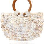 Miuco Shell Purse For Women Handmade Seashell Beaded Clutch Beach Wooden Top Handle Bag