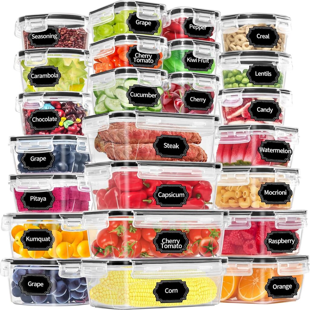 PRAKI 48 Pack Food Storage Containers with Airtight Lids (24 Containers & 24 Lids), Kitchen storage containers for Pantry Organizers and Storage, Meal Prep Container with Labels & Marker