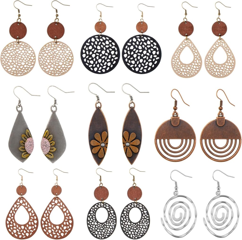 6/9 Pairs Boho Earrings Vintage Wooden Geometric Leather Earrings Flower Earrings Handmade Big Bohemian Trendy Earrings for Women