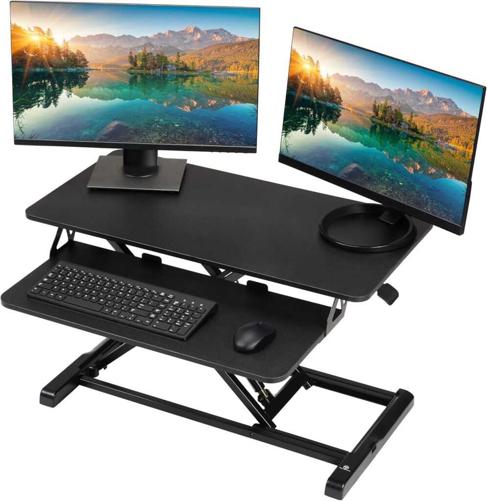 TechOrbits Standing Desk Converter – 32 Inch Adjustable Sit to Stand Up Workstation, Particle Board, Dual Monitor Desktop Riser with Keyboard Tray, for Home Office Laptop, Black 32″