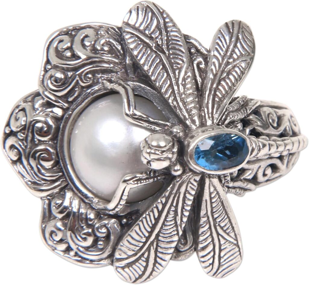 NOVICA Artisan Handmade Cultured Freshwater Pearl Blue Topaz Cocktail Ring Dragonfly from Indonesia .925 Sterling Silver White Animal Themed Floral Birthstone ‘Rafflesia Flower’