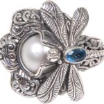 NOVICA Artisan Handmade Cultured Freshwater Pearl Blue Topaz Cocktail Ring Dragonfly from Indonesia .925 Sterling Silver White Animal Themed Floral Birthstone ‘Rafflesia Flower’