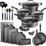 Pots and Pans Set, 23-Piece Non Stick Cookware & Bakeware Sets with Plaid Pattern, Stackable Design, Dishwasher Safe, Stain-resistant, Oven & All-Stove Safe, Tempered Glass Lid, Black