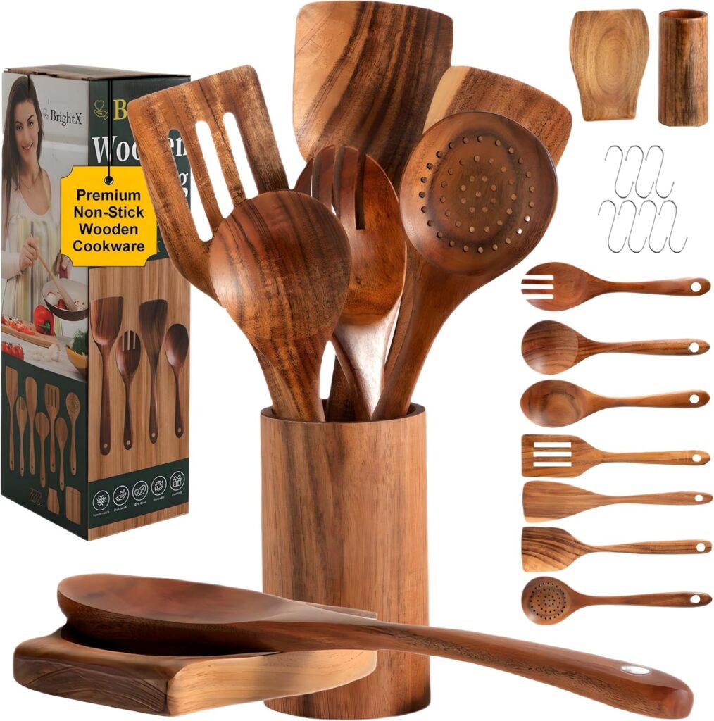 BRIGHTX Premium Kitchen Wooden Cooking Spoons Set (9-Pcs) – Acacia Wood Utensils Set Non Toxic & Safe Wooden Spatula set, Ladle set, Stirring & Mixing Spoons | Non Toxic wooden Utensils for Cooking