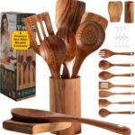 BRIGHTX Premium Kitchen Wooden Cooking Spoons Set (9-Pcs) – Acacia Wood Utensils Set Non Toxic & Safe Wooden Spatula set, Ladle set, Stirring & Mixing Spoons | Non Toxic wooden Utensils for Cooking