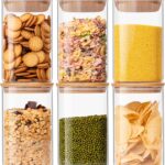 Liuruiyu Glass Food Storage Jars 37 oz Set of 6,Glass Storage Containers Clear Glass Food Canister with Bamboo Lid Airtight For Serving Tea,Coffee,Flour,Sugar,Candy,Cookie,Spice and More (Square)