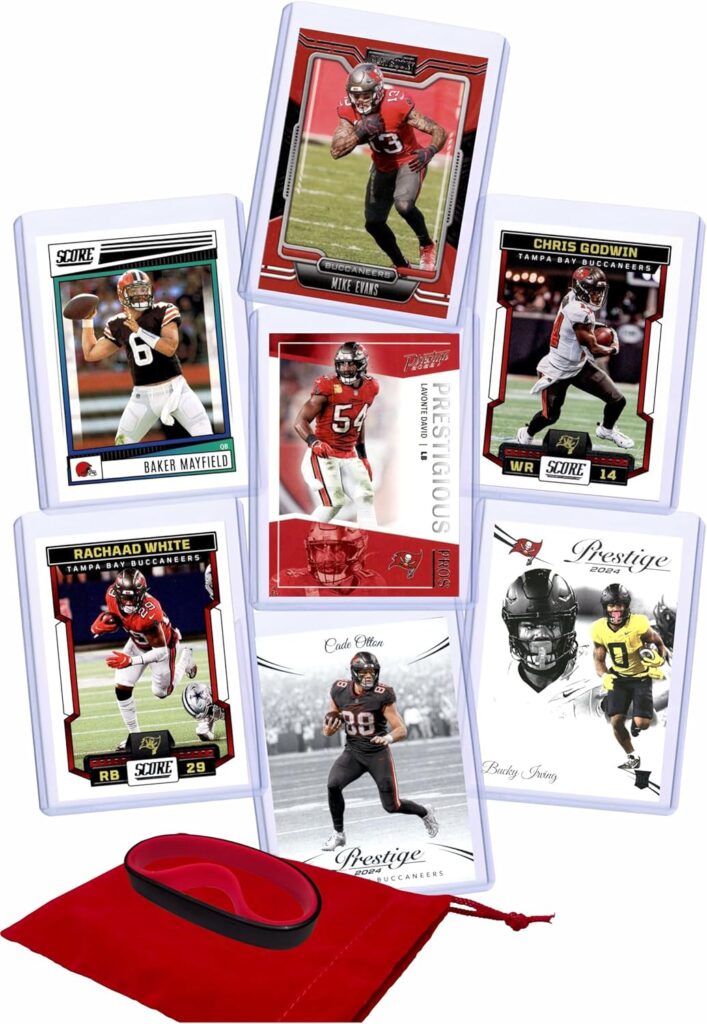 Tampa Bay Buccaneers Cards: Baker Mayfield, Mike Evans, Chris Godwin, Rachaad White, Lavonte David, Bucky Irving, Cade Otton ASSORTED Football Stars & GOATs Trading Card & Wristbands Gift Pack