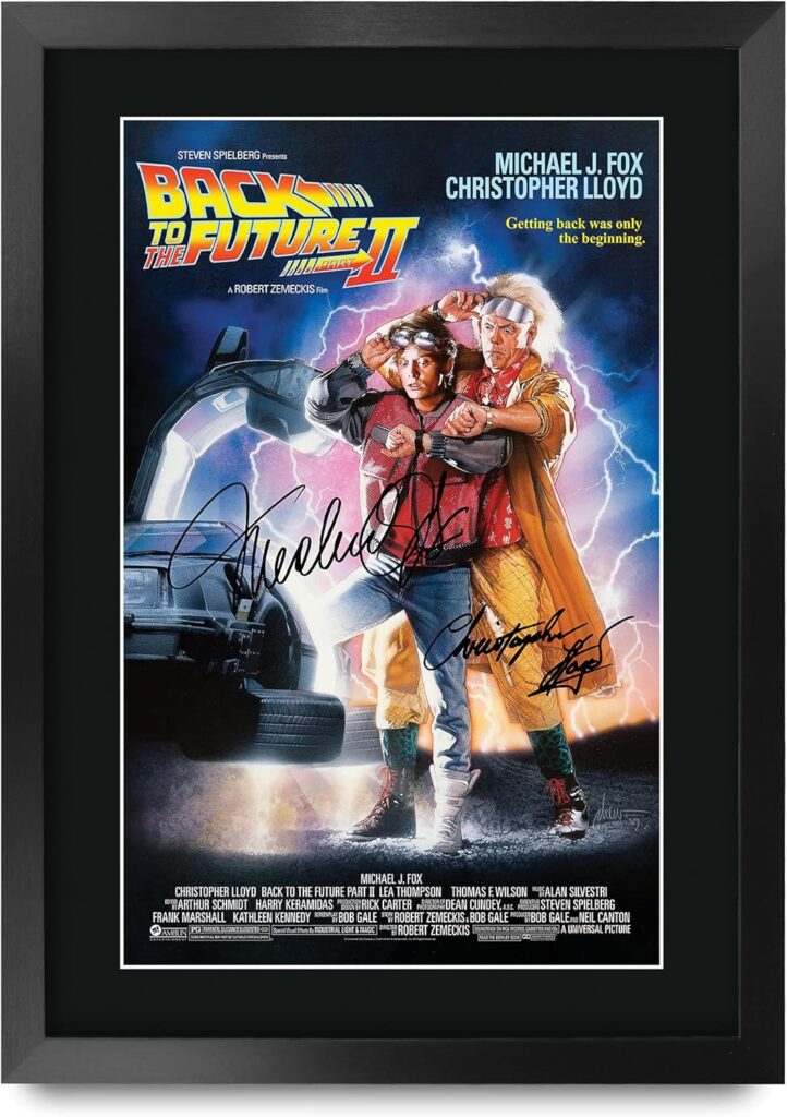HWC Trading Back to the Future 2 Movie Poster Cast Signed 16 x 12 inch Framed Gift Printed Autograph Christopher Lloyd Michael J Fox Print Photo Picture Display – 16″ x 12″ Framed