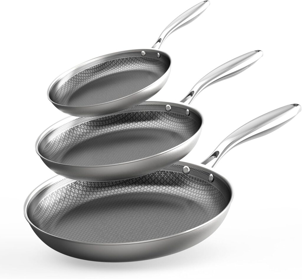 COOKER KING Non-toxic Frying Pans Set of 3 (8+10+12 Inch), Tri Ply Stainless Steel Pans, Induction Pan Set, Chef’s Pan, Skillets Dishwasher & Oven Safe, Stay-Cool Handles, Compatible with All Cooktops