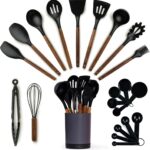 SMIRLY Kitchen Utensils Set – 22-Piece Silicone Cooking Utensils Set, Spatula Set with Holder, Wooden Handle Silicone Kitchen Gadgets for Nonstick Cookware