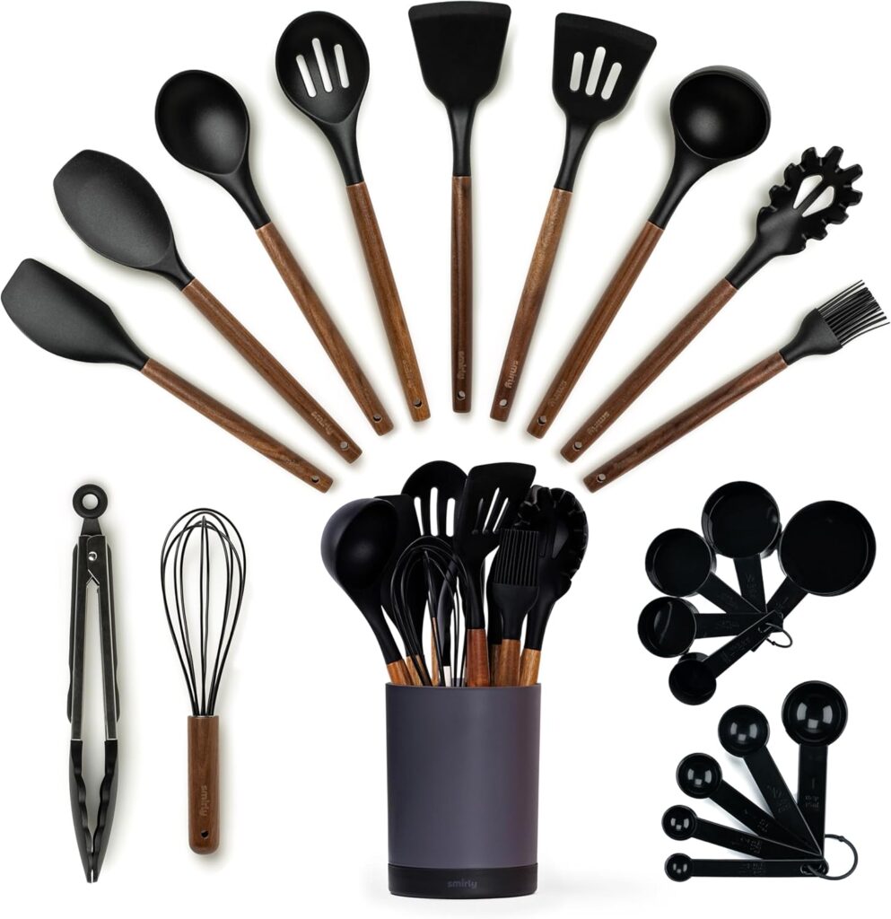 SMIRLY Kitchen Utensils Set – 22-Piece Silicone Cooking Utensils Set, Spatula Set with Holder, Wooden Handle Silicone Kitchen Gadgets for Nonstick Cookware
