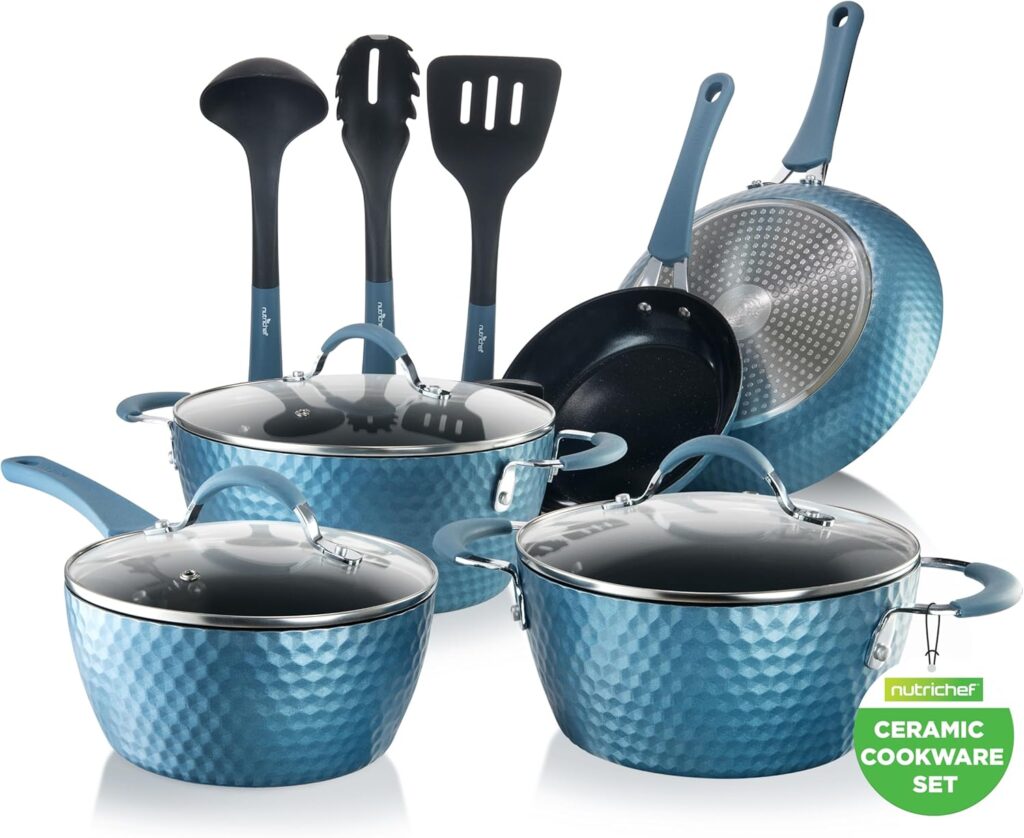 NutriChef 11 Pc Pots and Pans Set Non Stick Cookware with Ceramic Coating, Ergonomic Handles, Induction Ready, Includes Saucepan, Dutch Oven, Large & Small Fry Pans, Royal Blue