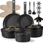 CAROTE 20pcs Pots and Pans Set Non Stick, Nonstick Cookware Set, Dishwasher/Oven/Fridge Safe Pots and Pans, Removable Handle RV Oven Safe Cookware, Induction Kitchen Set, Black