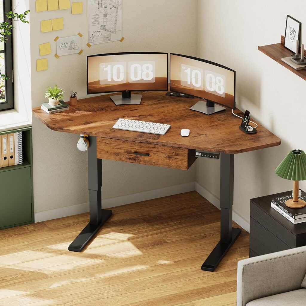 SEDETA Corner Electric Standing Desk, 32” Small Height Adjustable Computer Desk with Drawer for Gaming, Small Space, Stand up Home Office Writing Desk, Rustic Brown