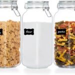 Vtopmart 78oz Glass Food Storage Jars with Airtight Clamp Lids, 3 Pack Large Kitchen Canisters for Flour, Cereal, Coffee, Pasta and Canning, Square Mason Jar with 8 Chalkboard Labels