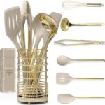 7-Piece Beige & Gold Kitchen Utensils Set – Non-Toxic Silicone & Stainless Steel Tools for Cooking, Serving, & Hosting – Ideal for Nonstick Cookware & Modern Kitchens, with Gold Utensil Holder