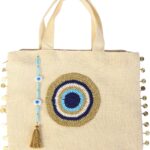 Tote Bag for Women with Handmade Crochet Evil Eye Natural Jute Beach Bag Waterproof Lining Off-White