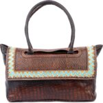 Women’s Crocodile-Embossed Leather Satchel – Handmade Western Purse with Turquoise Zigzag Trim, Dual Zipper Pockets, Genuine Leather Boho Travel Tote Handbag