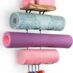 VINAEMO Yoga Mat Holder Accessories Wall Mount Organizer Storage Decor Foam Roller and Towel Storage Rack with 4 Hooks and Wooden Shelves Yoga Mats Rack Resistance Bands for Home Gym School Office