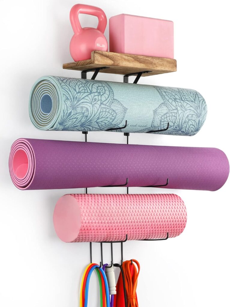 VINAEMO Yoga Mat Holder Accessories Wall Mount Organizer Storage Decor Foam Roller and Towel Storage Rack with 4 Hooks and Wooden Shelves Yoga Mats Rack Resistance Bands for Home Gym School Office