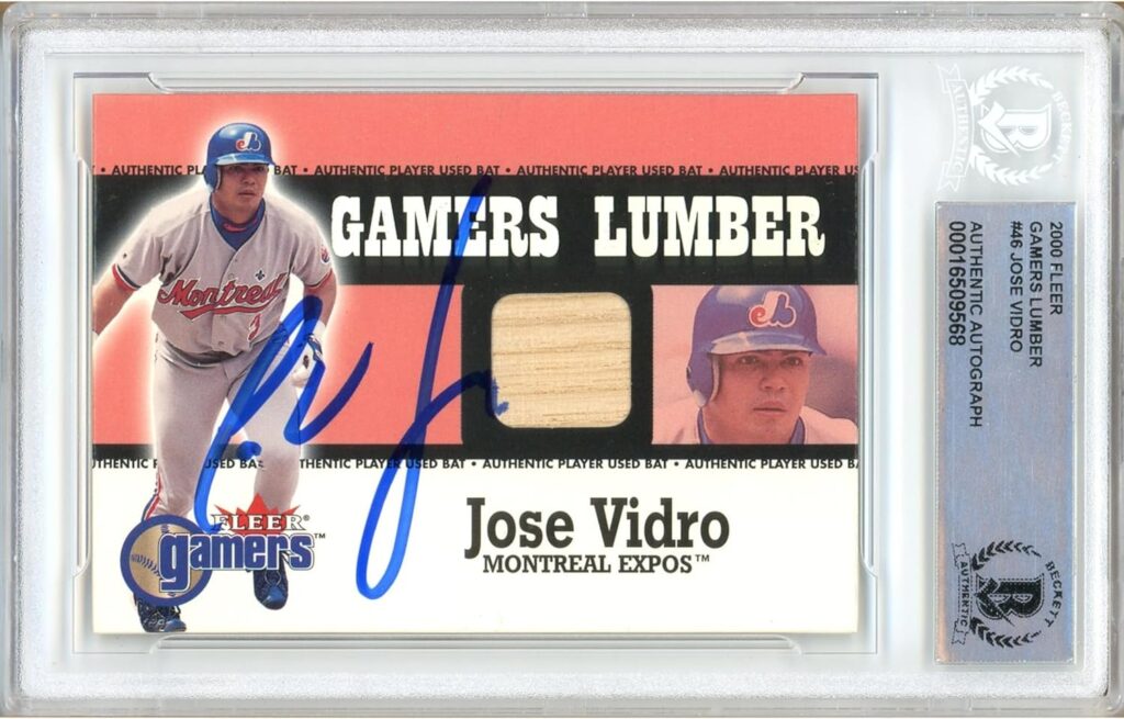 Jose Vidro Signed 2000 Fleer Gamers Lumber Bat Relic Card, Beckett Authentic Autograph Slab, Washington Nationals Autographed Game Used Baseball Memorabilia