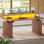 SEDETA Standing Desk with Storage, 55″ Fluted Stand Up Desk with Power Outlets & LED Lights, Height Adjustable Table with Monitor Shelf for Home Office, Gaming, Brown