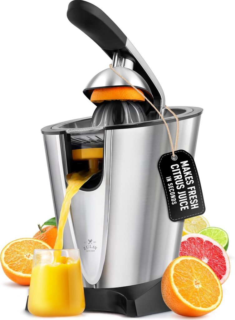 Zulay Electric Citrus Juicer – Makes Fresh Orange, Lemon, Grapefruit, Lime Juice – Stainless Steel, 160W Powerful & Quiet, Interchangeable Cones -Filters Out Seeds & Pulp- Dishwasher Safe Parts- Black