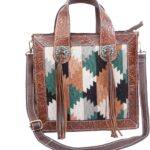 Women’s Aztec Woven Leather Tote Bag – Handmade Western Purse with Tooled Floral Trim, Turquoise Conchos & Tassels, Boho Shoulder Handbag, Genuine Leather Crossbody Satchel