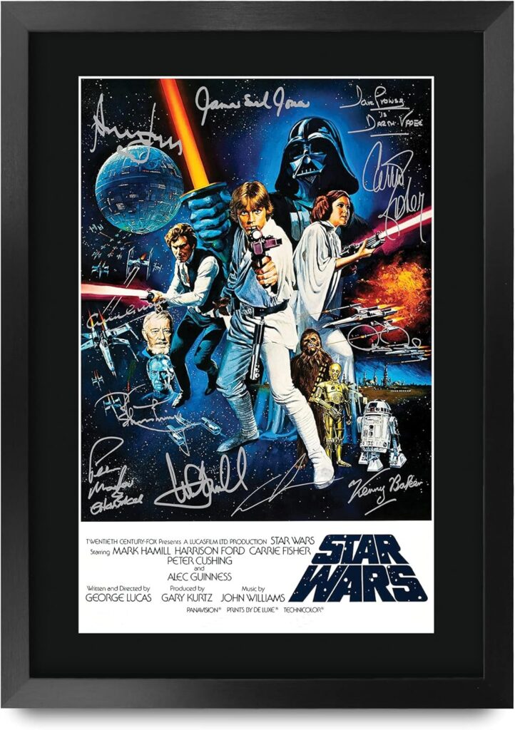 HWC Trading Star Wars a New Hope Movie Poster Cast Signed 16″ x 12″ Framed Gift Printed Autograph Film Mark Hamill Harrison Ford Carrie Fisher Alec Guinness George Lucas Print Photo Picture Display –