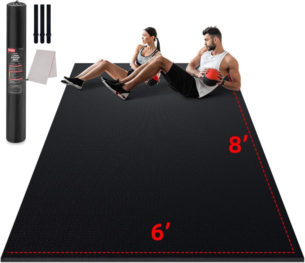 Large Exercise Mat for Home Workout,12‘x6’/10’x6’/9’x6’/8’x6’/7’x5’/6’x4′ (7mm) Extra Thick Workout Mat, High-Density Gym Mat for Cardio, Jump Rope, MMA, Weights (Shoe-Friendly)