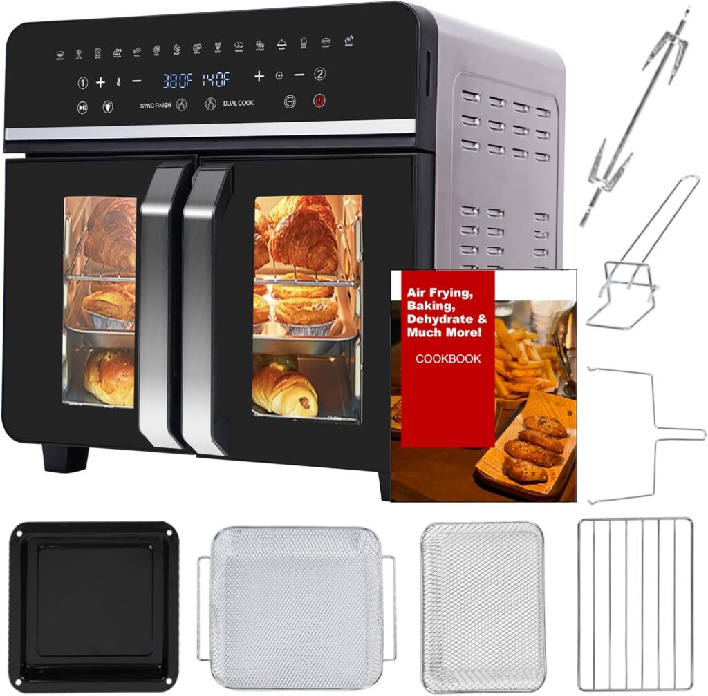 24Qt Large Air Fryer Toaster Oven Combo – French Double Door Airfryer, 15 Cooking Functions Touch Dual Zone Independent Control Electric Oven, Stainless Steel Air Fryers Oven 13 Accessories & Cookbook