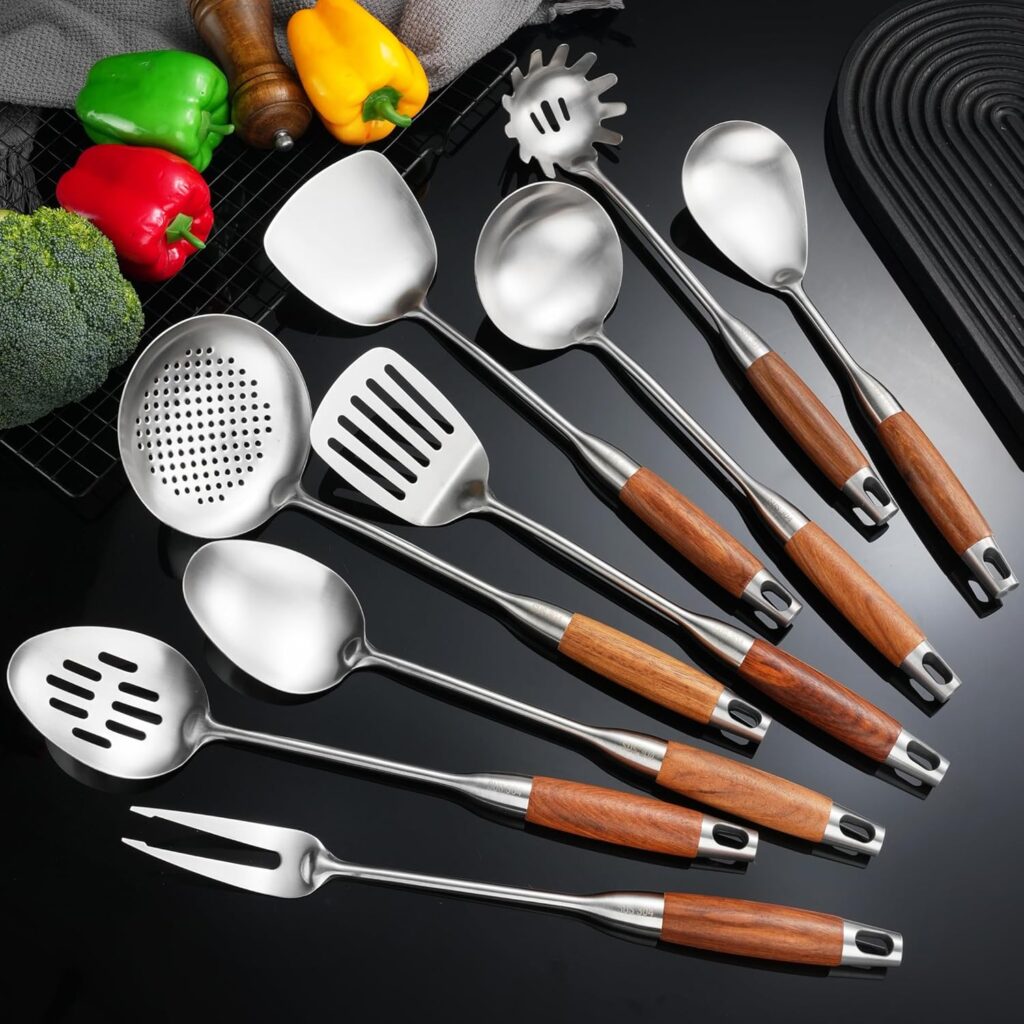 18/10 Stainless Steel Kitchen Utensils Set with Wooden Handle for Cooking 9 PCS with Solid and Slotted Spoon, Fork, Spatula, Ladle, Skimmer, Slotted Tunner, Spaghetti and Large Spoon