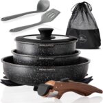 Kitchen Academy Removable Handle Induction Pots and Pans Set – 10 Piece Non-stick Cookware Sets, Black Granite Stackable RV Cookware for Camp