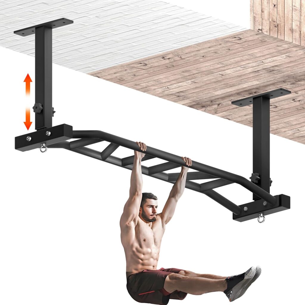 48″ Ceiling Mount Pull Up Bar – Heavy Duty Multi-Grip Chin Up Bar for Garage/Home Gym and Strength Training, Adjustable Height&Supports to 600 Lbs