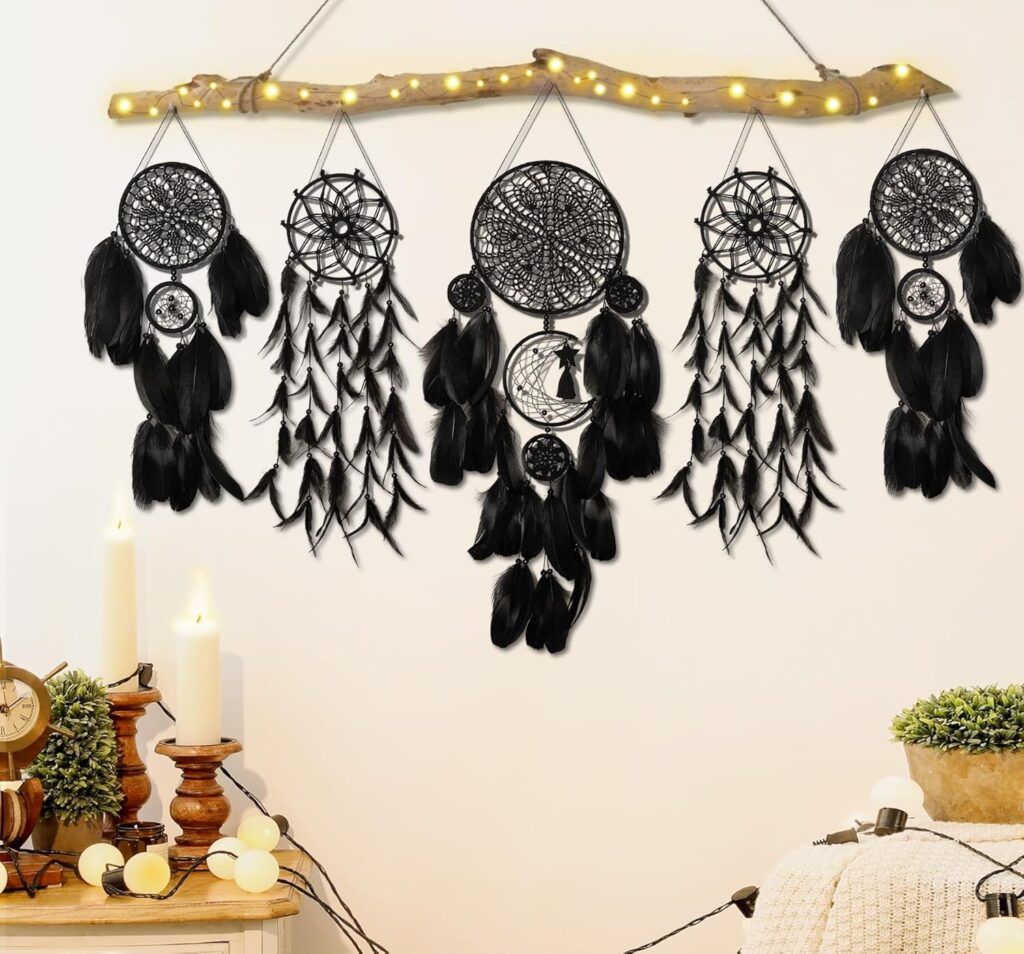 5 Pack Black Dream Catchers Boho Wall Decor Macrame Wall Hanging Large Moon Phase Handmade Traditional Dream Catcher for Bedroom Adult Living Room Home Halloween Decorations,Witchy Gifts(Black Set)